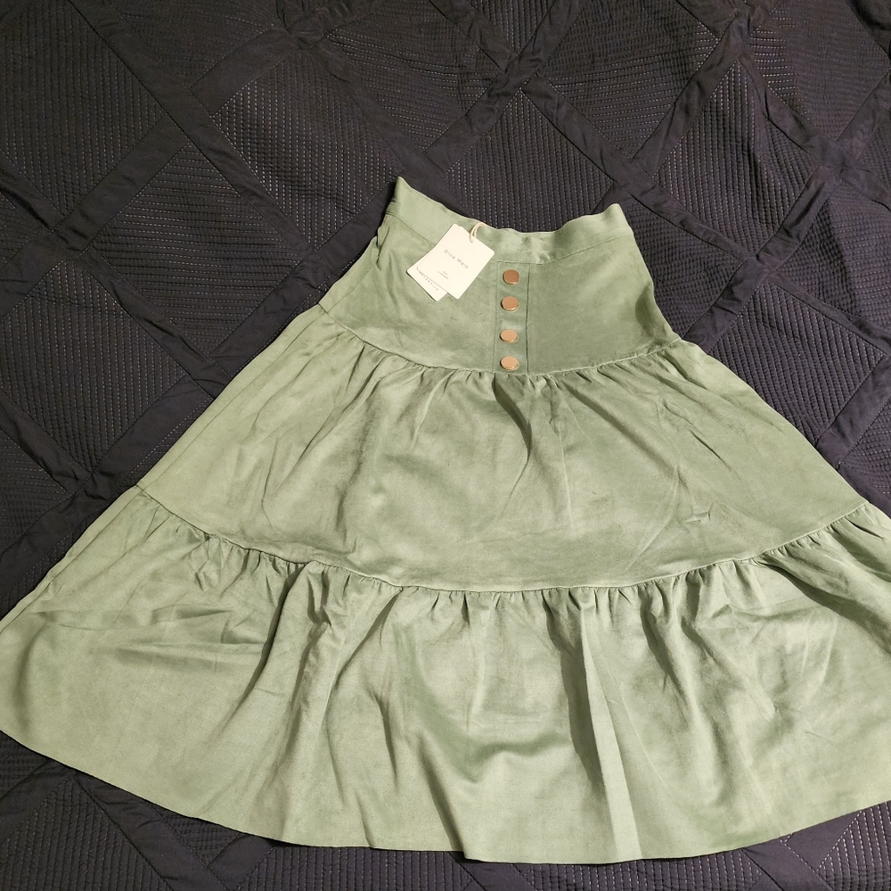 Women's Faux Suede stretch high waist A Line Midi skirt with pleated skirt